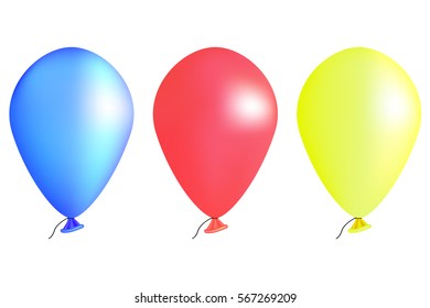 Set 3D glossy balloons. Red, blue and yellow balloon.