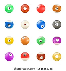 Set of 3D glossy balls for pool games, isolated on white background, vector illustration.