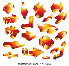 Conjunto de flecha naranja dorada brillante 3D. Diversas formas y direcciones.