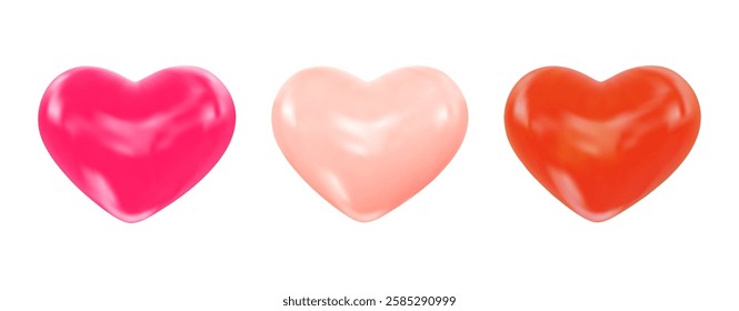 Set of 3d glossy hearts pink, orange colors. Symbol of love, romantic relationships. Vector Illustration for wedding design, romantic greeting card, valentine, banner, poster