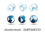 Set of 3D and glowing globe illustrations showing different world views on white background