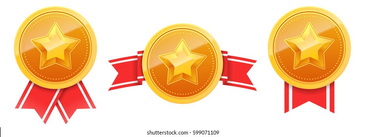 Set of 3d gold award badges with star and red ribbon isolated on white. Medals collection. Vector illustration