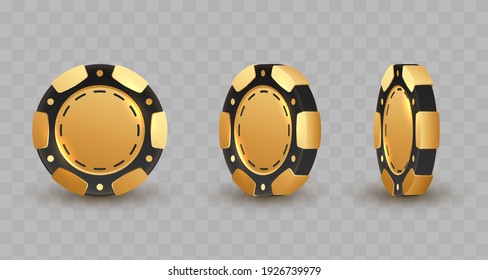 Set of 3d gold and black poker chips, token with shadow on transparent background. Vector illustration for card, casino, game design, flyer, poster, decor, banner, web, advertising.