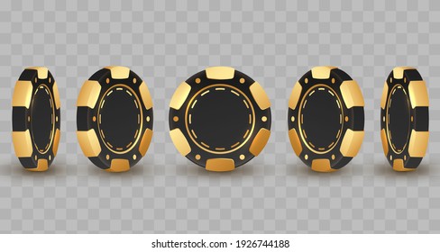 Set of 3d gold and black poker chips, token with shadow on transparent background. Vector illustration for card, casino, game design, flyer, poster, decor, banner, web, advertising.