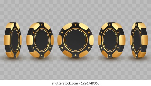 Set of 3d gold and black poker chips, token with shadow on transparent background. Vector illustration for card, casino, game design, flyer, poster, decor, banner, web, advertising.