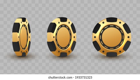 Set of 3d gold and black poker chips, token with shadow on transparent background. Vector illustration for card, casino, game design, flyer, poster, decor, banner, web, advertising.