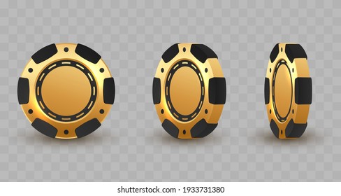 Set of 3d gold and black poker chips, token with shadow on transparent background. Vector illustration for card, casino, game design, flyer, poster, decor, banner, web, advertising.