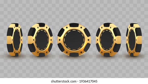 Set of 3d gold and black poker chips, token with shadow on transparent background. Vector illustration for card, casino, game design, flyer, poster, decor, banner, web, advertising.