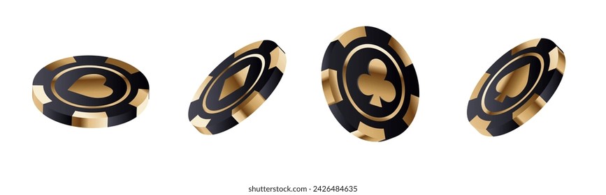 Set of 3d gold and black poker chips, token with shadow on transparent background.