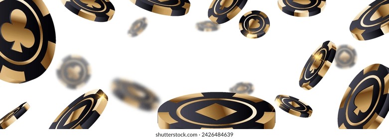 Set of 3d gold and black poker chips, token with shadow on transparent background.