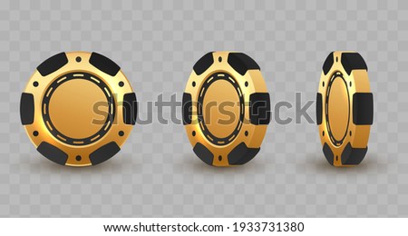 Set of 3d gold and black poker chips, token with shadow on transparent background. Vector illustration for card, casino, game design, flyer, poster, decor, banner, web, advertising.