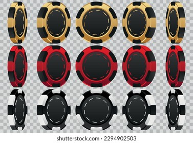 Juego de fichas de póquer de 3d de oro, negro y rojo, ficha con sombra sobre fondo transparente. Ilustración vectorial para tarjeta, casino, diseño de juegos, volante, afiche, decoración, banner, web, publicidad.