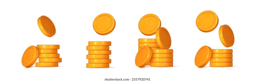 Set of 3D gold coin. Stacks of money representing finance, investment, and savings. Game elements include a pile of golden pennies. Treasure heap in a creative cartoon design.