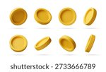 Set of 3d gold coins in different angles. Empty blank golden coin elements for money, success, wealth, jackpot, online casino. Vector illustration