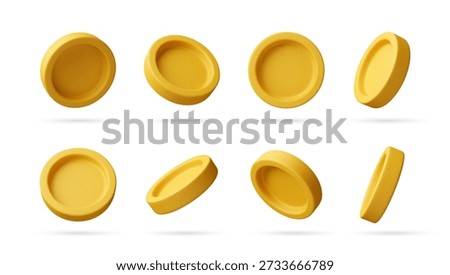 Set of 3d gold coins in different angles. Empty blank golden coin elements for money, success, wealth, jackpot, online casino. Vector illustration