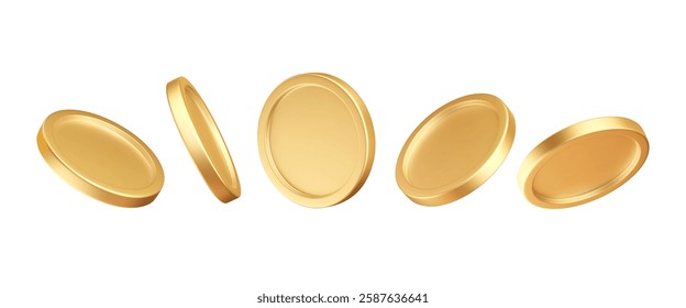 Set of 3d gold coins. Metal money in different angles. Glossy finance elements isolated on white background. Vector illustration. Metallic treasure. Earning, investment, bank deposit icons.