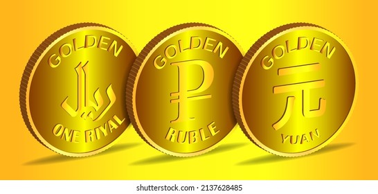 Juego de monedas de oro en 3d, riyal del Reino de Arabia Saudita, rublo ruso y yuan chino. Bandera financiera de vector brillante