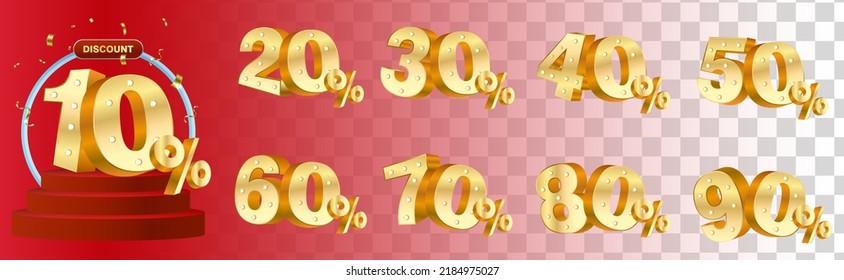 Set of 3D Gold Discount numbers on podium with confetti and box vector. Price off tag design collection. 10%, 20%, 30%, 40%, 50%, 60%, 70%, 80%, 90%, percent and dollar illustration.