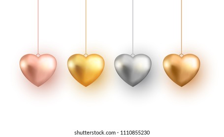 Set Of 3d Gold Heart, Vector Illustration.