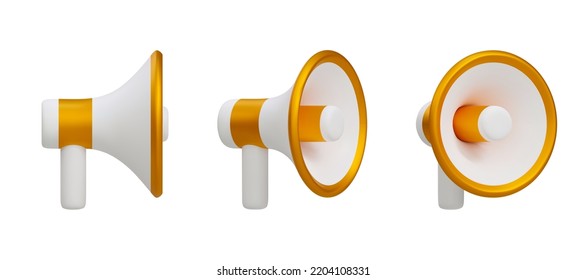 Set of 3d gold megaphone isolated on white background. Vector illustration