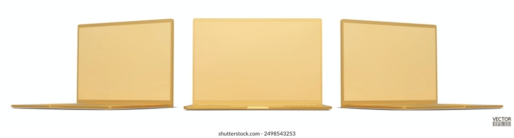 Set of 3d gold mockup laptops from different angles isolated on white background. Realistic Laptop golden mockup with gold screen display. 3D vector illustration.
