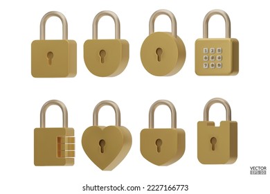 conjunto de iconos 3D Gold Padlock aislados en fondo blanco. Icono de bloqueo mínimo. Ilustración vectorial 3d.