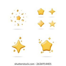 Set of 3d gold render shiny rating star icons. Abstract different star shapes and bubbles with shimmer effect. Isolated element for quality mark.