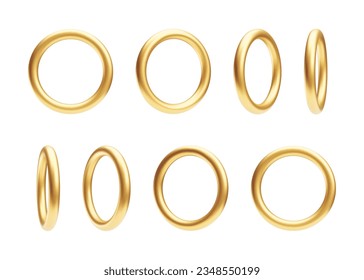 Set of 3d gold shiny rings, decorative design elements, golden jewelry. Round metal sparkling frames, three dimensional metallic objects realistic vector illustration on white background