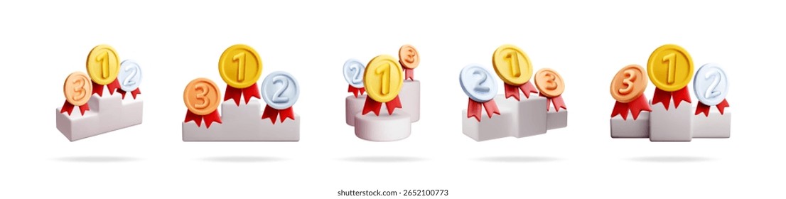 Set of 3d gold, silver, and bronze winning medals on podiums. Concept of success, achievement, and competition. For web design, awards.