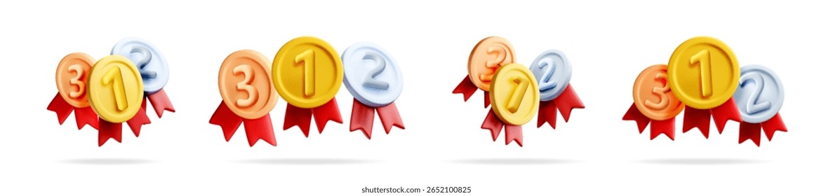 Set of 3d gold, silver, and bronze medal icons with red ribbon. Award for competition winner, achievement reward concept.