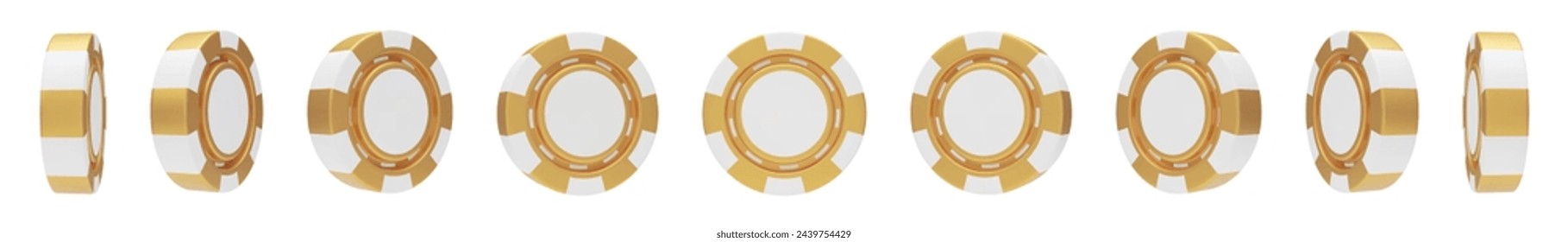 Set of 3D gold and white rotating casino chips rendering. Casino, gambling game objects, betting symbols. Online gambling token for slot, poker, roulette, blackjack tools vector illustration