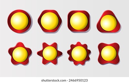 Set of 3D gold, yellow round buttons in a metal red frame of different shapes. Pin your icon layout. Elements for your design. Label, badge.