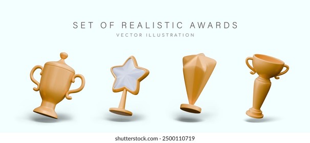 Set of 3D golden awards in tilted position. Design templates with motion effect