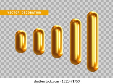 Set 3d golden capsule. Golden Geometric Shapes Objects. Realistic geometry elements. metallic color gradient. Render Decorative gold figure for design. vector illustration on transparent background