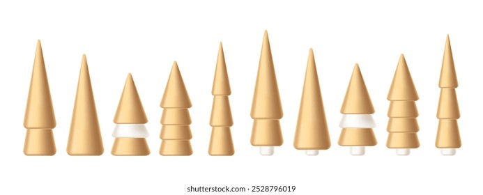 Satz von 3D goldenen Weihnachtsbäumen. Vektorgrafik einzeln auf weißem Hintergrund.	