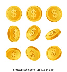 Set of 3d golden coins with dollar sign, different points of view, isolated on white background. 3d coin icon pack. 3d coin vector