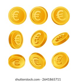 Set of 3d golden coins with euro sign, different points of view, isolated on white background. 3d coin icon pack. 3d coin vector