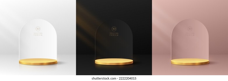 Set of 3D golden cylinder pedestal podium. Black, silver and pink gold in luxury arch shape background. Abstract minimal wall scene for mockup products display. Stage showcase. Vector geometric forms.