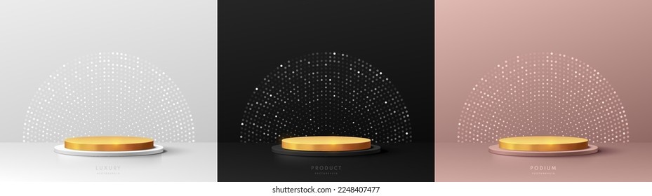 Set of 3D golden cylinder pedestal podium background. Glitter dots in black, silver, pink gold color. Abstract luxury minimal wall scene mockup products display. Stage showcase. Vector geometric form.