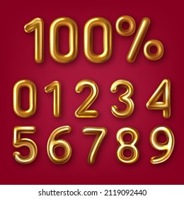 Set of 3d golden embossed numbers with percent sign on white background.