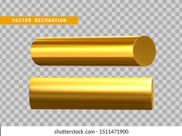 Set Of 3d Golden Geometric Shapes Objects Round Steel, Bar, Metal Round Timber. Realistic Geometry Elements On Metallic Color Gradient. Render Decorative Gold Figure For Design. Vector Illustration