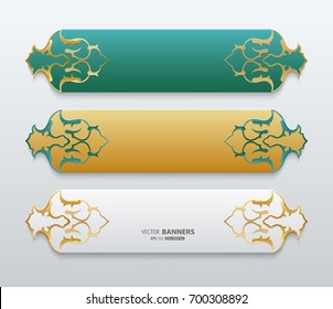 Set of 3d golden and green banner with floral elements