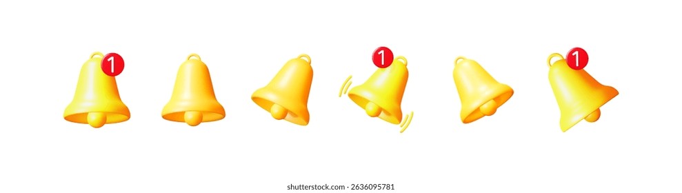 Conjunto de ícone de sino de notificação dourado 3d com um novo alerta de mensagem. Toque de campainha para a mídia social, site. Novo conceito de notificação.