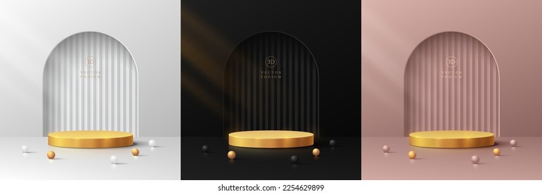 Set of 3D golden round stand podium background. Black, silver, pink gold in luxury scene. Minimal wall scene mockup product stage showcase, Banner promotion display. Abstract vector geometric forms.