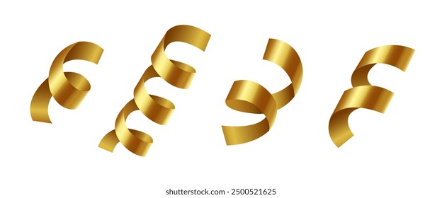 Set of 3d golden serpentines isolated on white background. Decorative festive element for design. Vector stock illustration.