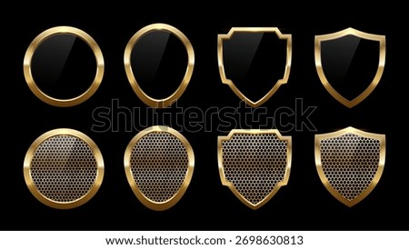 Set of 3D Golden Shields with Glossy Finish on Dark Background – Luxury Gold Badge and Modern Emblem Vector Illustration