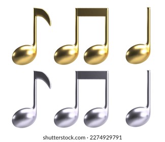 Juego de 3d Golden y Silver Music Notes Vector aislado en la ilustración de fondo blanco