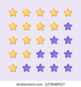 Set of 3d golden stars for low and high rating on purple background. Customer review or feedback from clients concept. Realistic vector illustration for website or mobile applications.