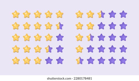 Set of 3d golden stars for low and high rating on purple background. Customer review or feedback from clients concept. Realistic vector illustration for website or mobile applications.
