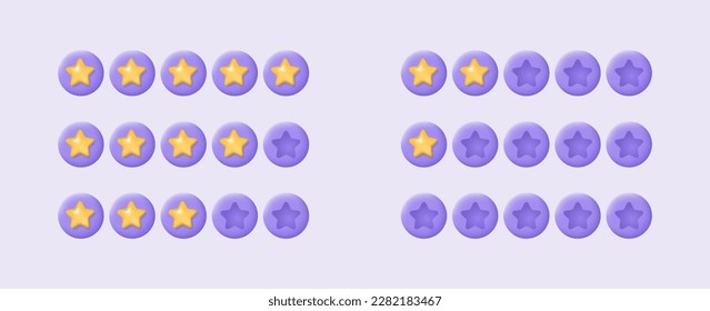 Set of 3d golden stars for low and high rating on purple background. Customer review or feedback from clients concept. Realistic vector illustration for website or mobile applications.
